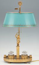 Load image into Gallery viewer, A French Figural Bronze Inkwell Desk Lamp with Tole Shade, Late 19th / Early 20th Century