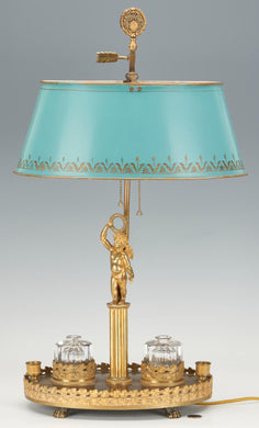 A French Figural Bronze Inkwell Desk Lamp with Tole Shade, Late 19th / Early 20th Century