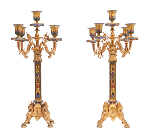A PAIR OF FRENCH GILT BRONZE AND CHAMPLEVE ENAMEL CANDELABRA Possibly by Ferdinand Barbedienne, late 19th century
