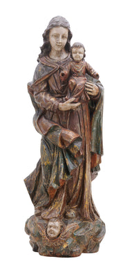 18 世纪上半叶圣母和基督的欧洲雕刻和彩绘胡桃木组