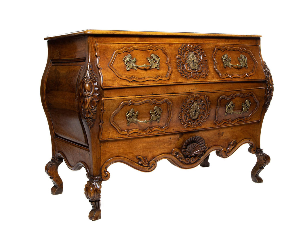 A Stunning Louis XV Period Carved Walnut Bombe Commode, French Mid 18th Century