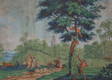 19 世紀印度狩獵場景的大型裝飾性畫布壁紙板
