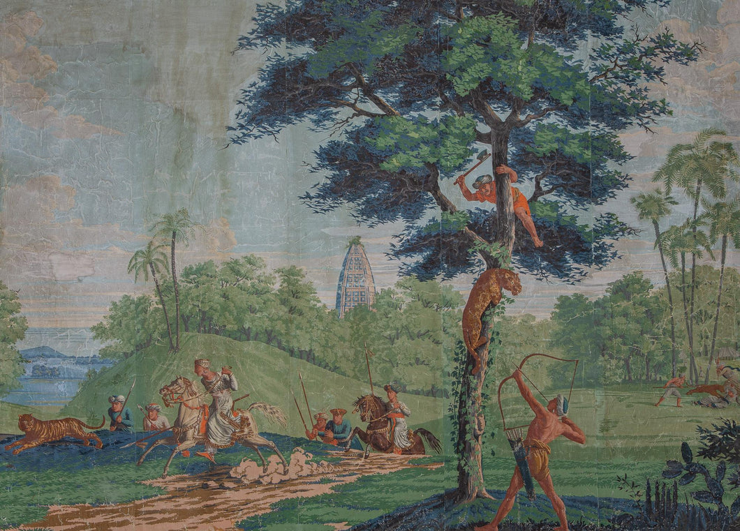 A Large and Very Decorative Painted Wallpaper Panel on Canvas, of a Hunting Scene in India, French 19th Century