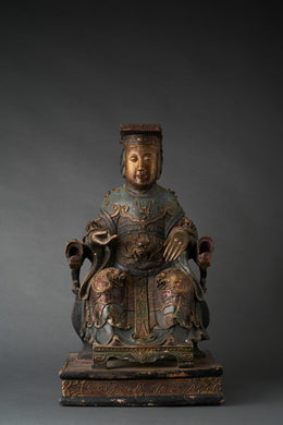清 彩漆局部鎏金木雕媽祖坐像