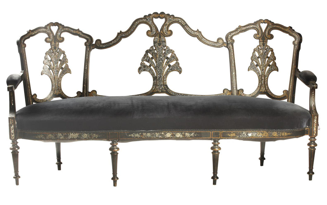 A VICTORIAN EBONISED AND MOTHER OF PEARL INAID SETTEE, 19TH CENTURY