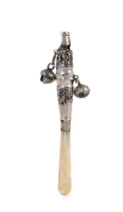 AN ENGLISH STERLING SILVER BABY RATTLE WITH WHISTLE END AND MOTHER OF PEARL HANDLE, MADE IN BIRMINGHAM, CIRCA 1894