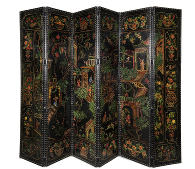 A 19th Century Southern Chinese Export Painted Leather Six Fold Screen