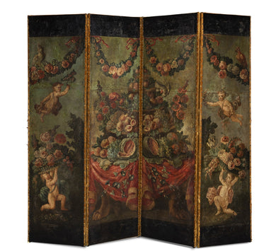 18 世紀晚期意大利彩繪皮革四折屏風