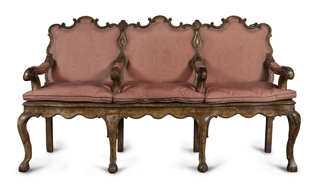 A 17th Century Italian Walnut Three Seat Divano Upholstered In Pink Silk