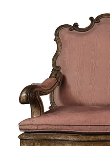 A 17th Century Italian Walnut Three Seat Divano Upholstered In Pink Silk