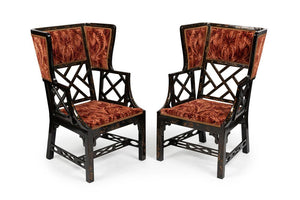 A Pair of Chinoiserie Chippendale Style Wing Chairs in Red Velvet