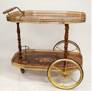 Italian 2 Tier Marquetry Inlaid Drinks Trolley, 1950s.