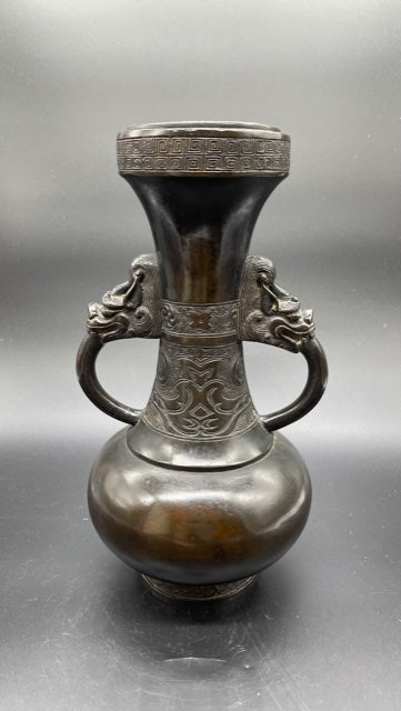 A Japanese Carved Bronze Bottle Vase with Two Handles, Meiji Period