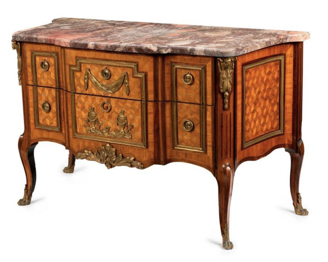A FRENCH DIRECTOIRE PERIOD GILT BRONZE MOUNTED PARQUETRY INLAID MARBLE TOP COMMODE, LATE 18TH / 19TH CENTURY - Fine Classic Antiques