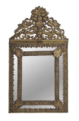 A SMALL FRENCH BRASS REPOUSSE MIRROR EMBELLISHED WITH SHELL AND FLORAL DECORATION, 19TH CENTURY - Fine Classic Antiques