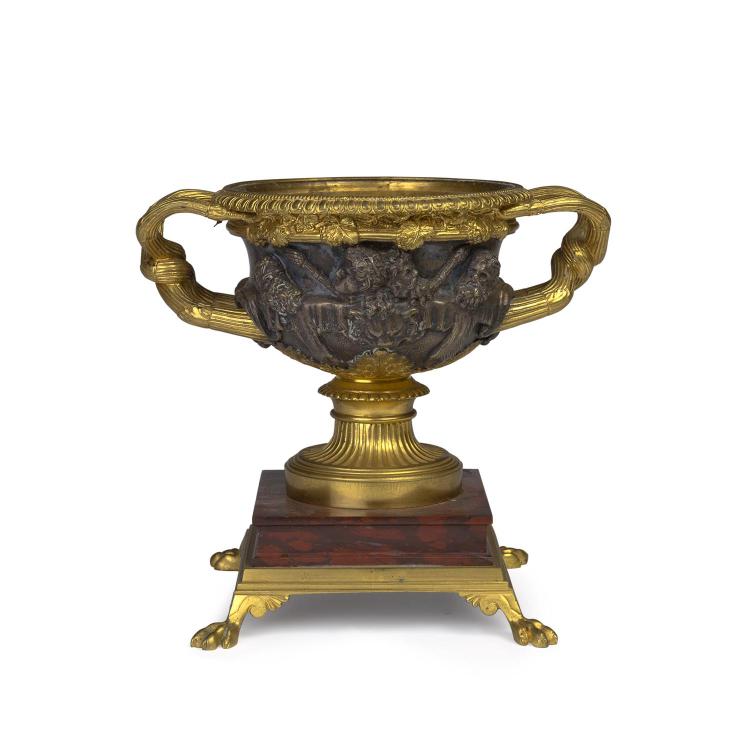 An Ormolu and Bronze Urn Mounted on a Rouge Marble Base, Late 19th Century
