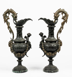 A Pair Of Spelter Ewers With Marble Bases, Late 19th Century