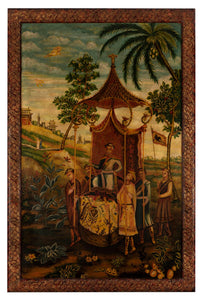 A LARGE ChIONISERIE LEATHER PAINTED SCREEN, IN THE ORIENTAL STYLE, 20TH CENTURY
