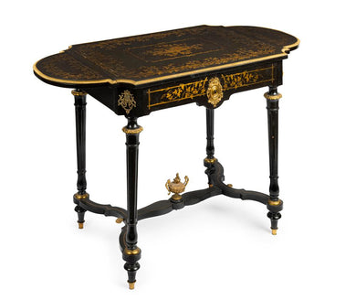 A NAPOLEON III BOULLE WORK ORMOLU MOUNTED EBONISED DROP LEAF WRITING TABLE, FRENCH, 19TH CENTURY