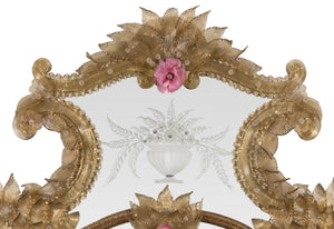 A LATE 19TH CENTURY VENETIAN ROCOCO STYLE OVAL GILT-INLAID, COLOURED GLASS AND ETCHED MIRROR