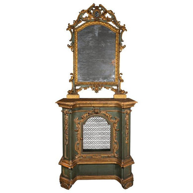 Late 18th-Early 19th Century Italian Gilt Painted Console Cabinet And Mirror